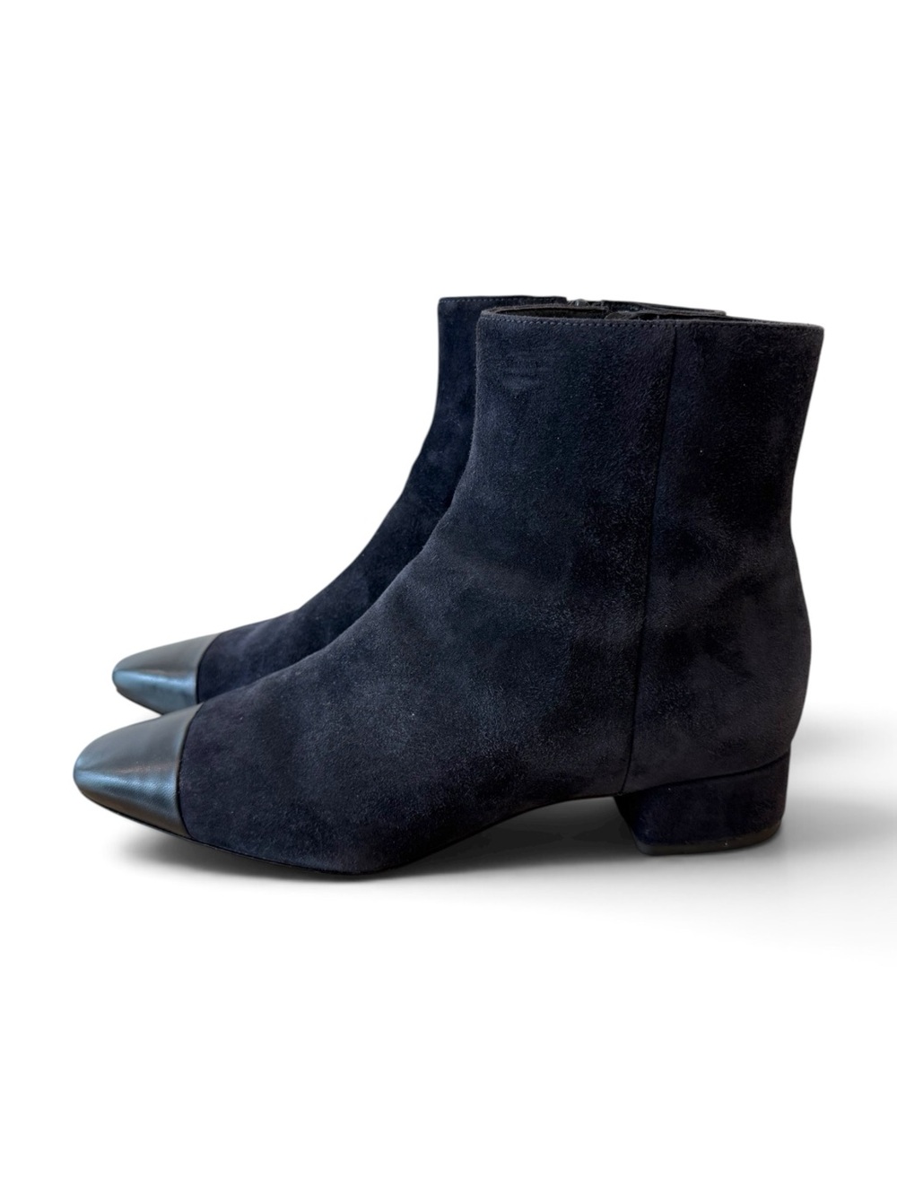 Veronica Beard Navy Suede Ankle Boots with Leather Cap Toe
